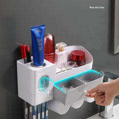 Toothbrush Holder Bathroom Accessories Cosmetic Organizer Storage Box Automatic Toothpaste Dispenser Squeezer Wall-mounted