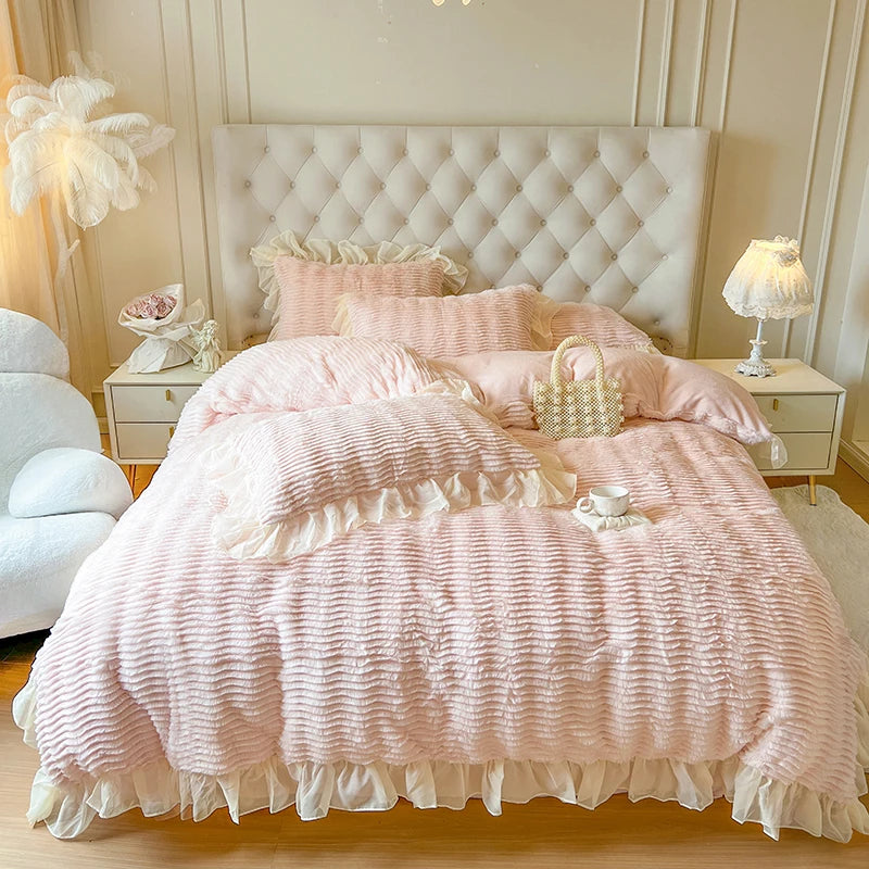 YICKYUE  -  Faux Rabbit fur Warm Fluffy Bedding Set for Winter Plush Duvet Cover Set Thickend Blanket Cover Sets With Bed Sheet Pillowcases