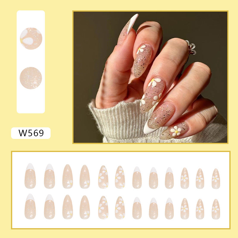 YICKYUE  24Pcs French Flowers Press on Nails Korean Sweet Style False Toenail Patches Wearable Full Cover Almond Artificial Nail Tips