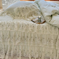 YICKYUE  -  Three-layer Floral Lace Ruffles Wedding Bedding Set 1000TC Egyptian Cotton Brushed  Duvet Cover Flat/Fitted Bed Sheet Pillowcase