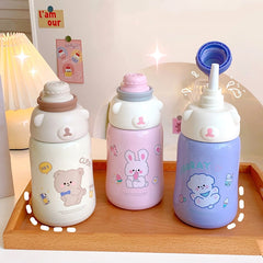 Cute Bear Large Thermos Bottle Insulated Stainless Steel Cup Thermal Tea Travel Hot Water Bottle With Straw 3D Sticker Strap