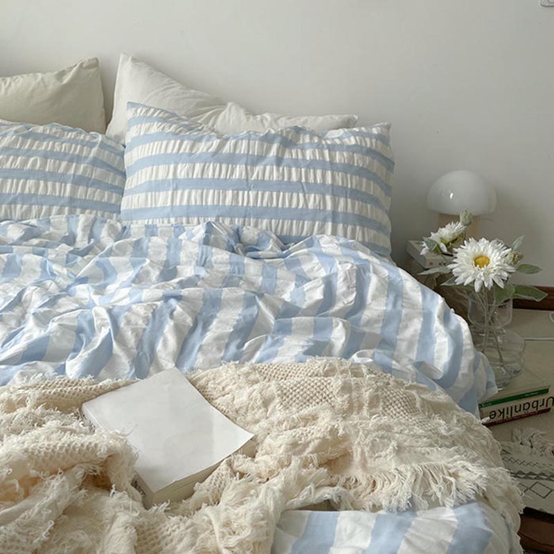 YICKYUE  -  Baby Blue Striped Seersucker Bedding Set