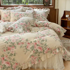 YICKYUE  -  100% Cotton Korean Princess Style Ruffles Flowers Bedding Set Queen King Size Duver Cover Set Quilted Lace Bed Skirt Pillowcases