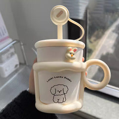 YICKYUE  -  Cute Puppy Thermos Sainless Steel Water Bottle With Straw Filter Tumbler 450ml Insulation Thermal  Cup For Coffee Tea Juice Gift