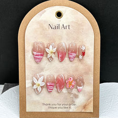 YICKYUE  -  10pcs Handmade Press on Nails Japanese Lily Flower Pink Almond False Nail Full Cover Wearable Hand Carving Korean Fake Nail Tips