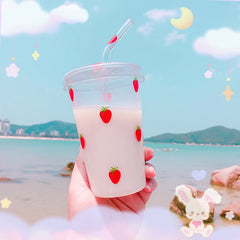 Kawaii Strawberry Glass Cup With Straw Ins Summer Transparent Water Glass Student Straw Cup Cute Breakfast Milk Coffee Cups