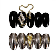 24pcs Removable Black Silver False Nails Punk Zircon Gold Plated Chain Nail Extension Shiny Detachable Girl Nail Art Decoration