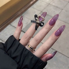 24pcs decorated false nails Transparent purple bow with long round head falis nails Manicure patch acrylic nail tips