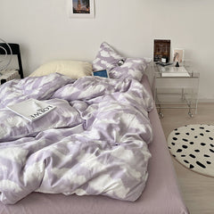 YICKYUE  -Simple Cloud Bed Sheet Quilt Cover All Cotton Washed Cotton Four-piece Set