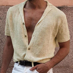Hearujoy 2025 summer Men's Knitted Shirt Cool Silk Fabric Short Sleeve Buttons Thin Loose Shirts For Men Vintage Mens Clothing Tops
