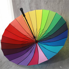 24K Rib Colorful Rainbow Fashion Long Handle Umbrella For Women Straight Anti-Uv Sun/Rain Stick Umbrella Manual Lady Big Parasol