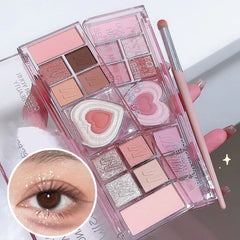 YICKYUE  -  12 Colors Pink Eyeshadow Palette Pearly Matte Glitter Highly Pigmented Rouge Tray Brightening Love Heart Eyes Makeup Tools