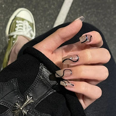 24pcs Short Moon False Nails with Glue Gold Leaf Wave Line Fake Nail Detachable 2022 New Press On Nail Tips Decoration