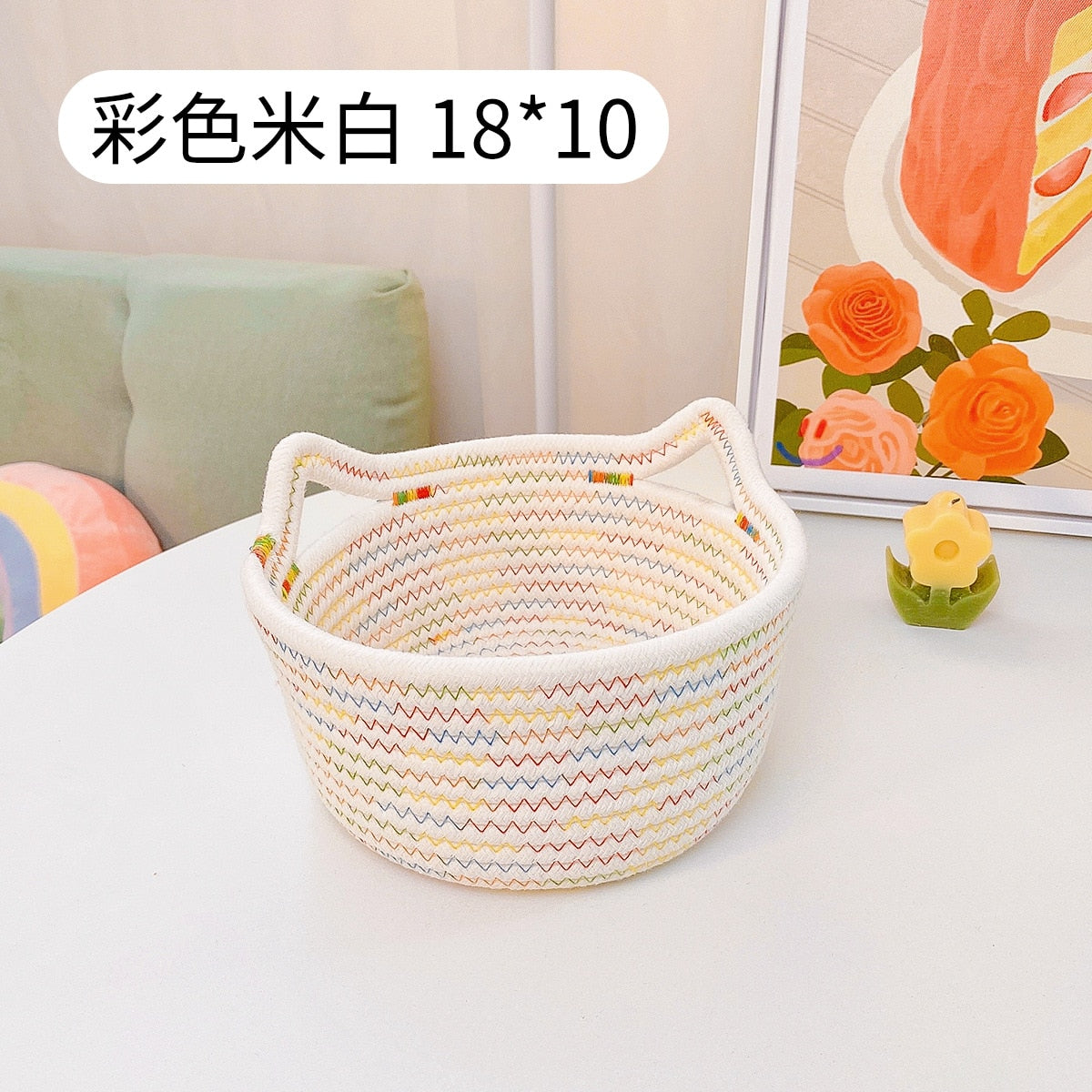 W&G Desktop Storage Basket Cat Ear Cotton Thread Hand-woven Storage Basket Student Storage Basket Bedside Storage