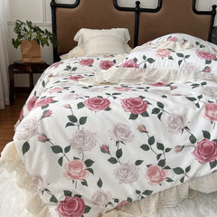 YICKYUE  -  100% Cotton Vintage French Pastoral Style Rose Flowers Double Layer Lace Ruffles Bedding Set Duvet Cover Bed Skirt Pillowcases