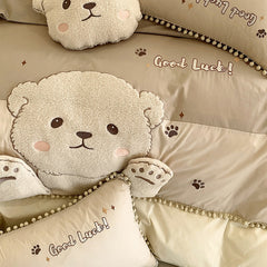 Yickyue Cute Cartoon Bear Applique Embroidery 100% Cotton Child Bedding Set Single Quilt Cover Bed Comforter Cover Bed Sheet Pillowcases