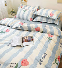 Yickyue Boys And Girls Blue And White Bedding Set Plain Reactive Printed Single Quilt Cover Flat Sheet Pillowcase Queen Double Bed Linen