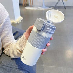 430ml Korean Stainless Steel Coffee Thermal Mugs Portable Insulated Vacuum Flask Travel Leak-Proof Water Bottle With Straw Gift