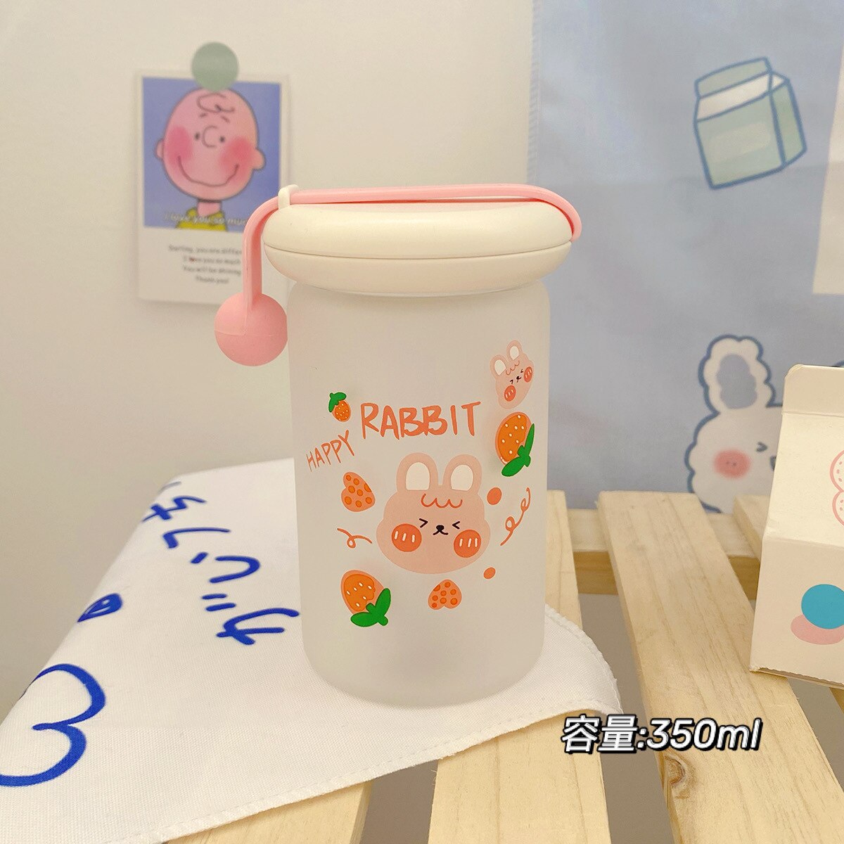 Korea Kawaii Simple Frosted Water Cup for Students with Cartoon Pattern Glass Cute Girl Heart Coffee Milk Cup