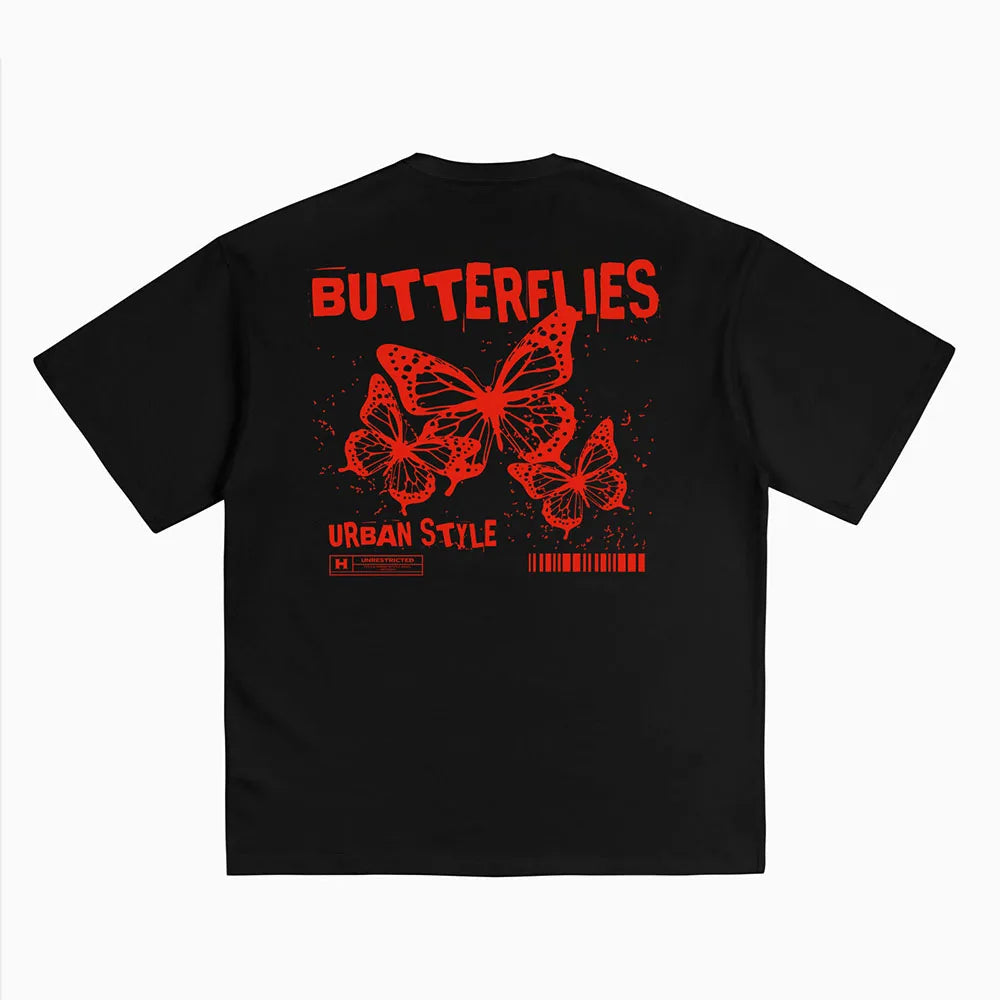 Hearujoy Men Streetwear Butterfly Graphic Print Short Sleeve T-shirt Cotton Casual T-shirt Summer Vintage Fashion Tops Tees Unisex Y2k