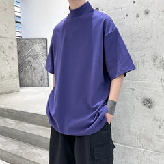 Hearujoy 2024 Streetwear Turtleneck Men Tshirt Solid Hip Hop Male Oversized T shirts Man Casual Short Sleeve Top Tees Black/White/Purple