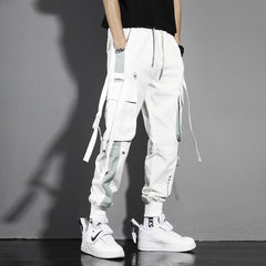 Hearujoy Tactical Ribbons Cargo Trousers Men Hip Hop Streetwear Elastic Waist Patchwork Pants Joggers Multi-pocket Black White WB510