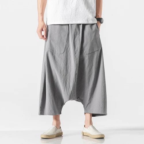 HEARUJOY  -  Summer Men Plus Size Casual Harem Pants Vintage Loose Cotton Linen Wide Leg Pants Men Elastic Waist Pantalones Trousers