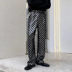 Hearujoy Men's Niche Black And White Checkered Sequin Patchwork Men's Long Pants Straight Wide Leg Design Chic Trousers Korean Y9982