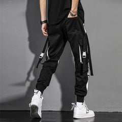 Hearujoy Tactical Ribbons Cargo Trousers Men Hip Hop Streetwear Elastic Waist Patchwork Pants Joggers Multi-pocket Black White WB510