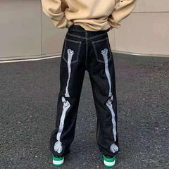 HEARUJOY  -  Retro Skull Hand Bone Embroidery Washed Mens Jeans Pants Vibe Style Straight Casual Oversize Denin Trousers Streetwear