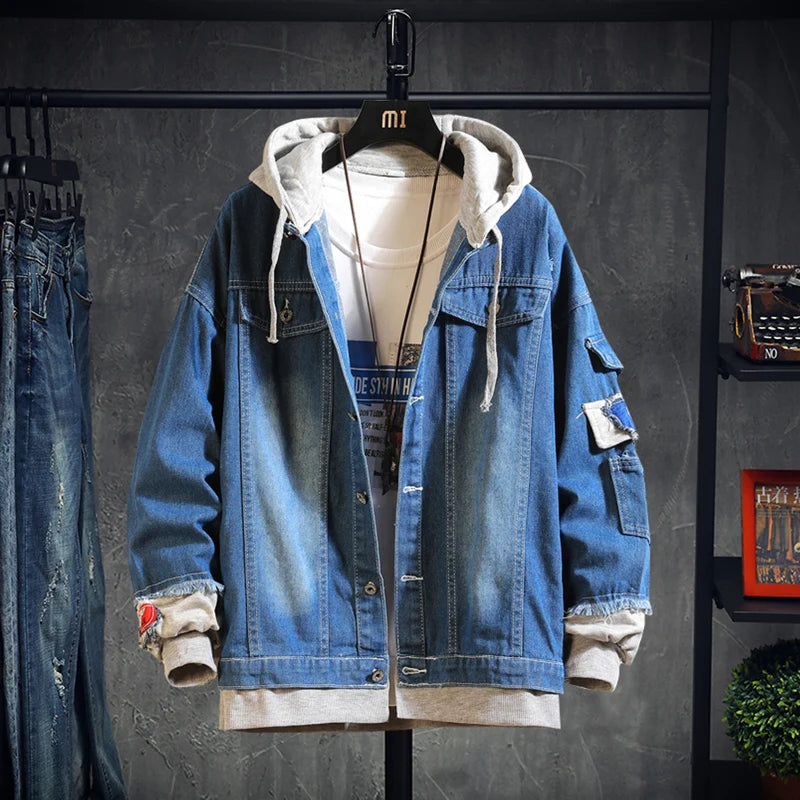 HEARUJOY  -  Mens Hooded Denim Jacket Hip Hop Jeans Coat Retro Streetwear Casual Bomber Jacket Outerwear Male Jeans Hoodies Coats