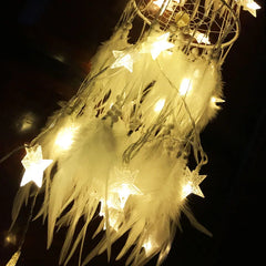 YICKYUE  -  Big LED Star Light Dream Catcher with White Rooster Feathers Pearls Dreamcatcher Wall Hanging Home Party Wedding Decoration Gift