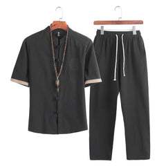HEARUJOY  -  Mens Linen Sets Summer Men Streetwear Jogger Shirts+Long Pants Male Chinese Style 2 Pieces Hanfu Tracksuit Tang Suit 5Xl
