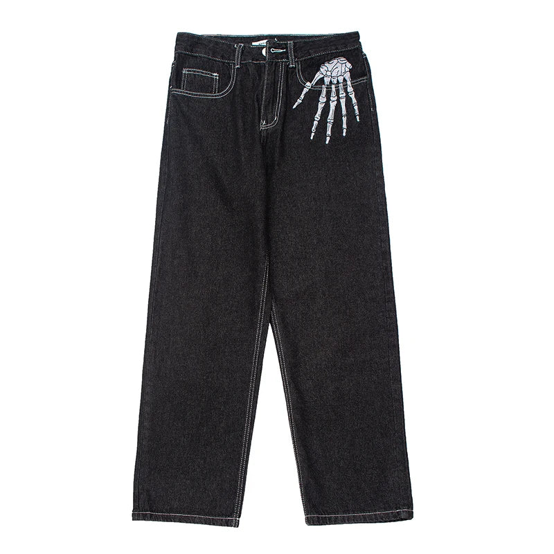HEARUJOY  -  Retro Skull Hand Bone Embroidery Washed Mens Jeans Pants Vibe Style Straight Casual Oversize Denin Trousers Streetwear