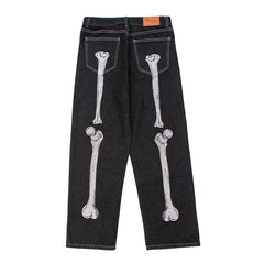 HEARUJOY  -  Retro Skull Hand Bone Embroidery Washed Mens Jeans Pants Vibe Style Straight Casual Oversize Denin Trousers Streetwear