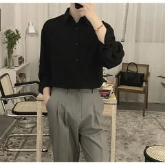 Hearujoy Korean Fashion Four Seasons Ice Silk Men Shirt High Quality Button Long Sleeve Casual Solid Color Loose Men's Dress Shirt