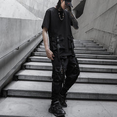 Hearujoy Tactical Cargo Pants Men Harajuku Streetwear Function Pants Ribbon Multi-pocket Trousers Elastic Waist Hip Hop Male WB283