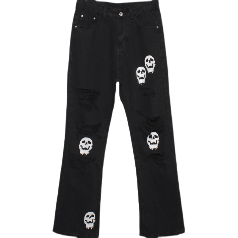 Hearujoy Skinny Jeans Pants Black Men Streetwear Destroyed Ripped Skull Printed Jeans Hip Hop Denim Pant Hole WB321