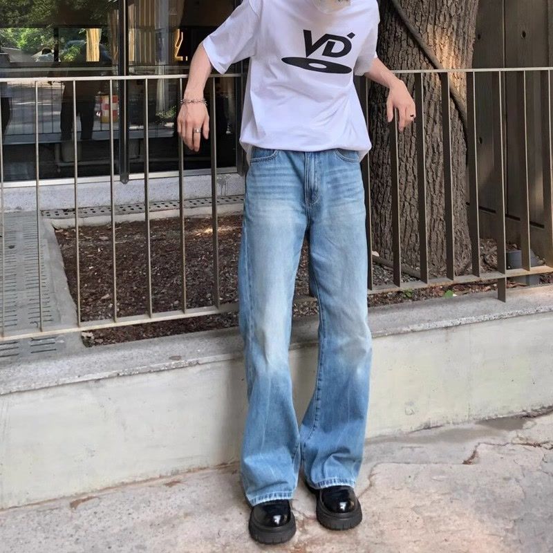 frat boy outfit American Retro Washed Light Blue Skinny Jeans Men's High Street Narrow Slim Slimming High Pants Cleanfit