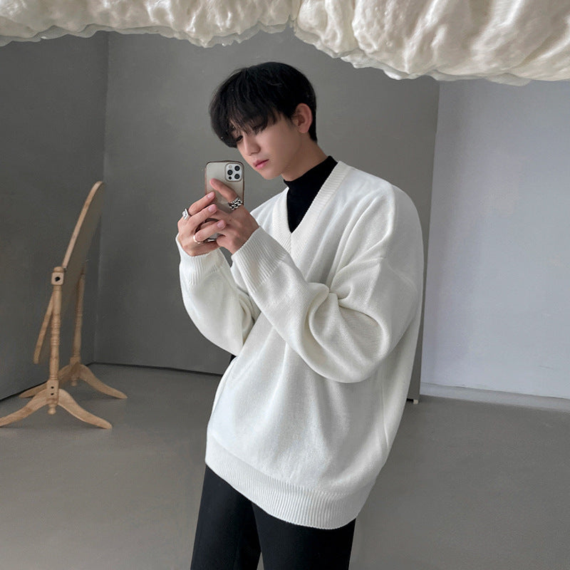 fall outfit men Sweater Men's Autumn and Winter Korean Style Trendy Sweater Jacket Loose Lazy Style White V-neck Pullover Sweater