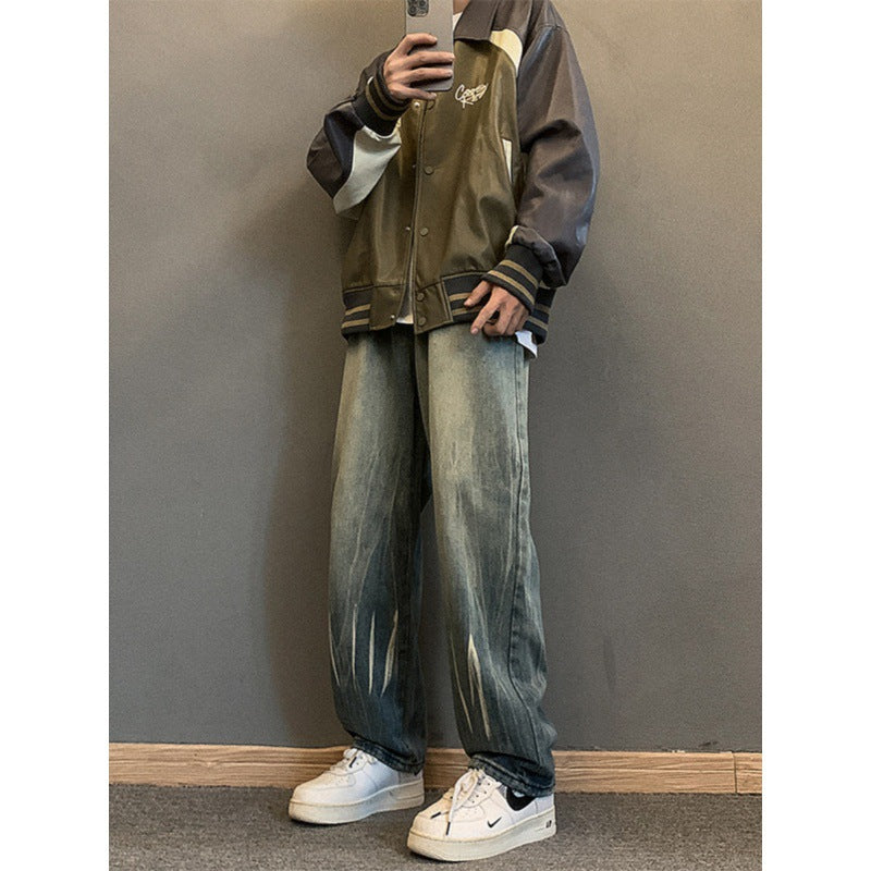 masc outfits Washed Jeans Men's Autumn and Winter Ruoshuai Loose Straight Fashion Pants Men's American Retro Casual Trousers