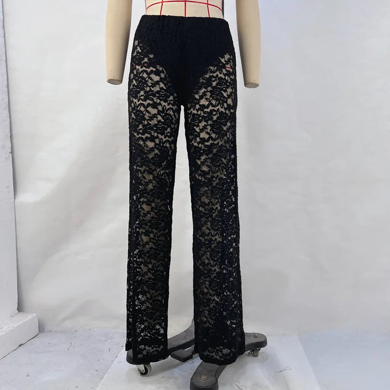 HEARUJOY  -  Women's Lace See Through Pants High Waisted Straight Leg Pants Sheer Streetwear Summer Casual Stitching Trousers