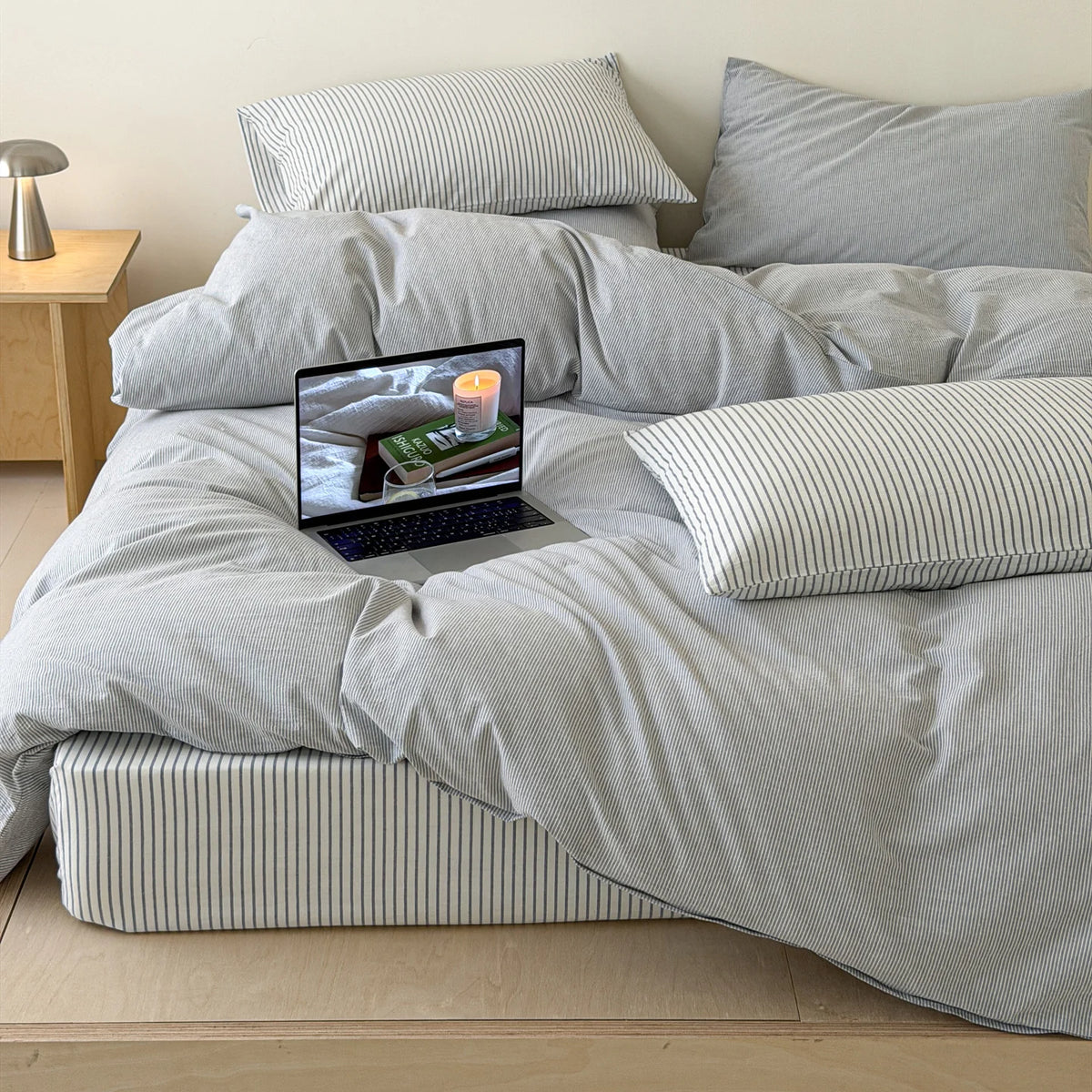 YICKYUE  -  Japanese Blue Striped 100% Cotton Duvet Cover Set Queen King Bedding Set Soft Skin-friendly Comforter Cover Pillowcases Bedsheet