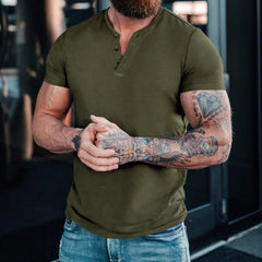 HEARUJOY  -  Men's European Size 3 Button Henry Round Neck Short Sleeve Slim Solid Color Thin T-shirt