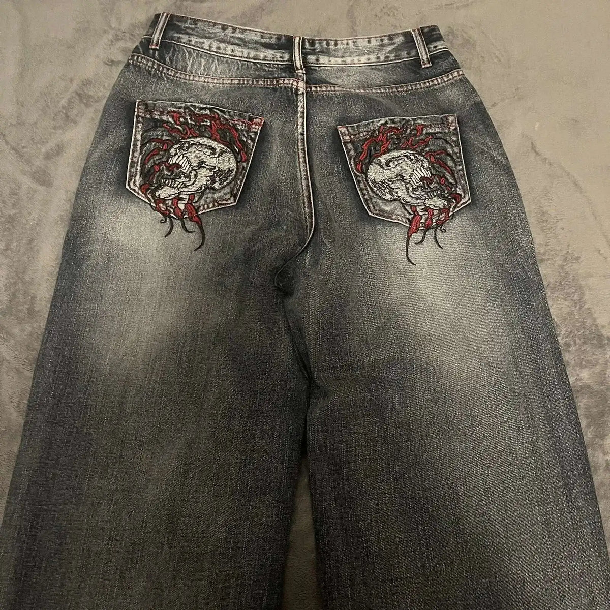 Hearujoy Y2K Gothic Skull Embroidered Baggy Jeans for Men Harajuku Women High Waist Wide Leg Straight Pants Punk Grunge Trendy Streetwear