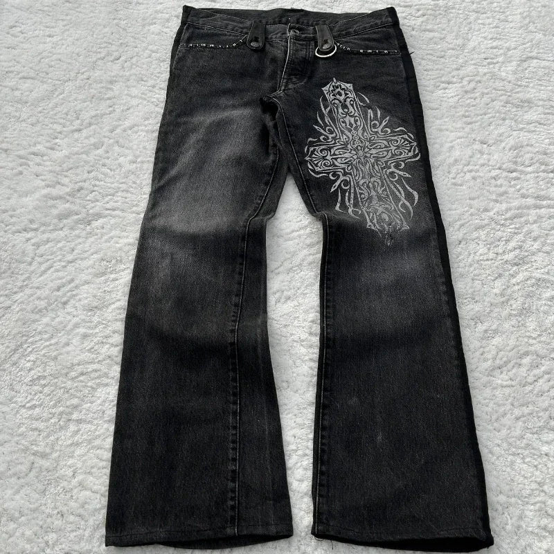 Hearujoy Y2K Black Washed Denim Pants Vintage Cross Leather Detail Micro Flared Jeans Punk High Street Western Cowboy Unisex Streetwear