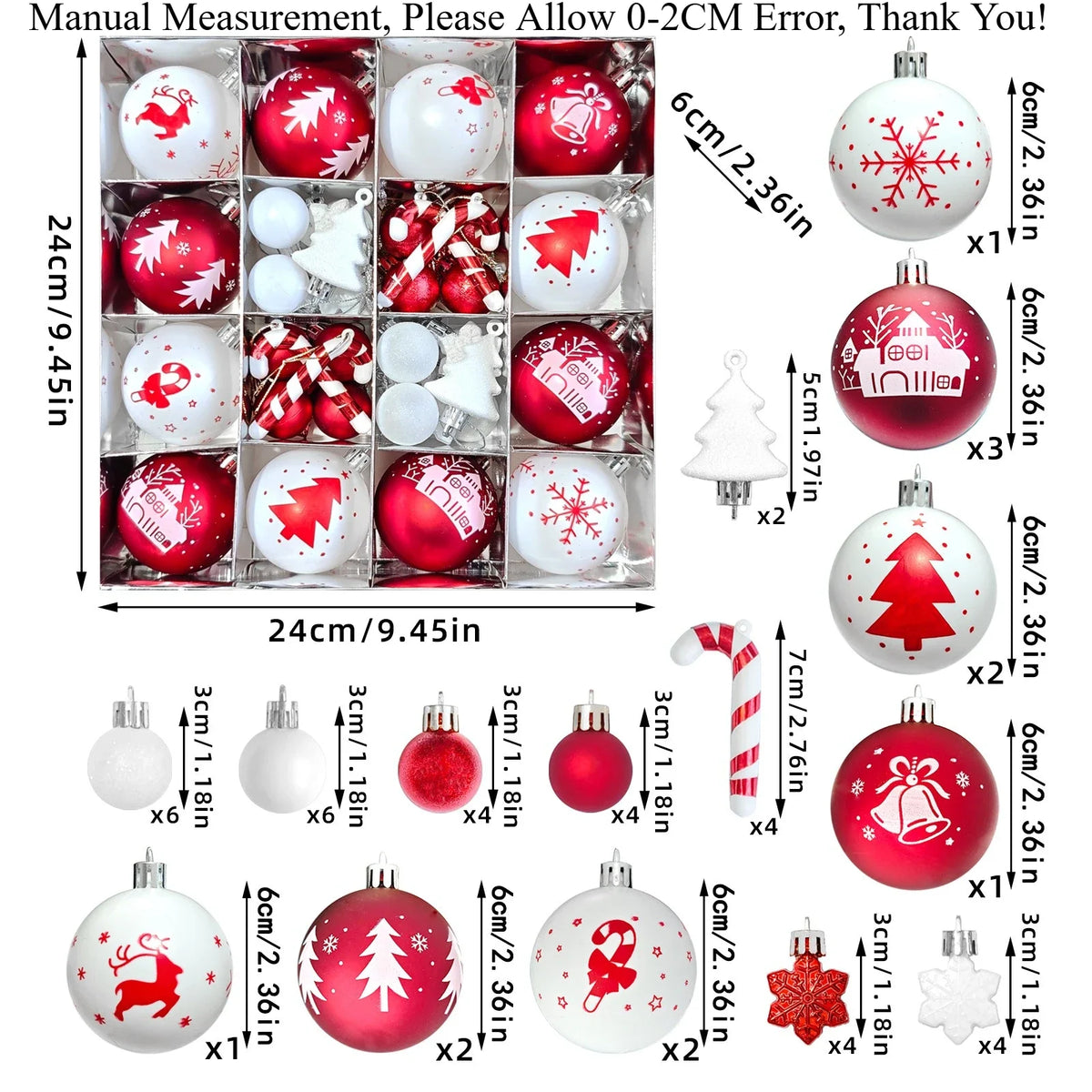 YICKYUE  -  Christmas Ball Decoration Set, Polka Dot Hanging Balls, Tree Decorations, Glittering Red And White Plastic Christmas Trinkets