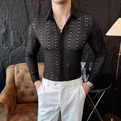YICKYUE  -  Sexy Lace See-through Slim Men Shirts Autumn Spring Lapel Long Sleeve Male Dress Shirt Club Prom Stage Hollow Mens Clothing 4XL