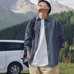 HEARUJOY  -  Spring Autumn Fashion Washed Striped Denim Long Sleeve Shirt Men's Japanese Casual Cityboy Shirt Jacket Jacket Aesthetic Chic