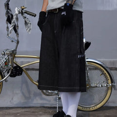 Hearujoy Mens Casual Cropped Pants American Street Retro Hiphop Hiphop Wide Leg Straight Over The Knee Original Color Jeans Summer